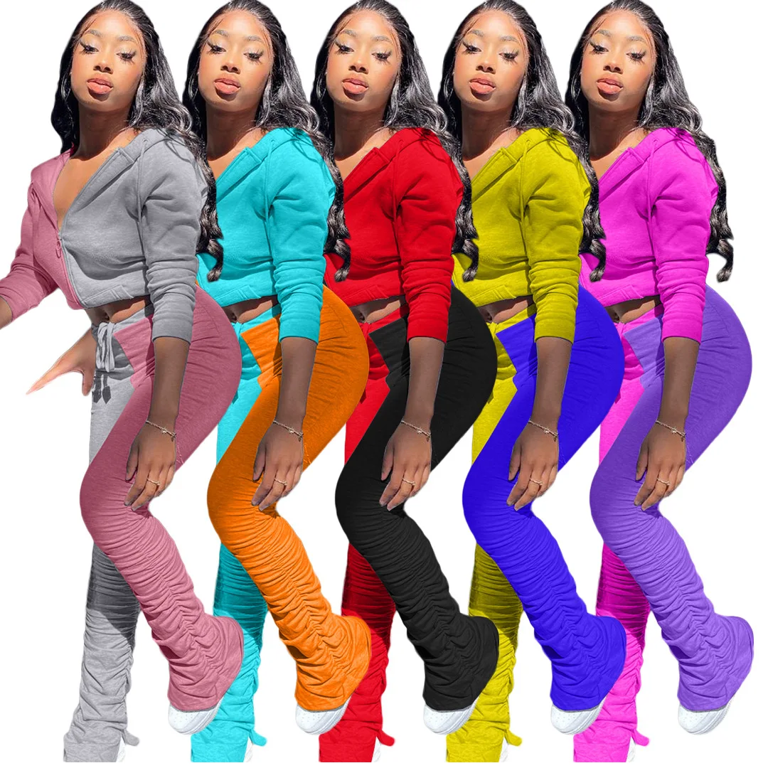 

Foma AC8227 New arrivals 2020 patchwork women hoodies with zipper sport long sleeve two piece set