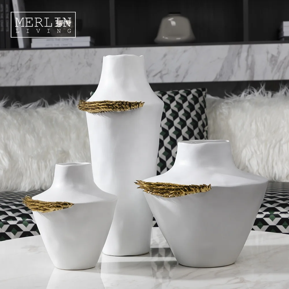 

Merlin luxury gold vase custom hotel home decor Modern creative art white ceramic & porcelain vase for flower vases, White / black + gold