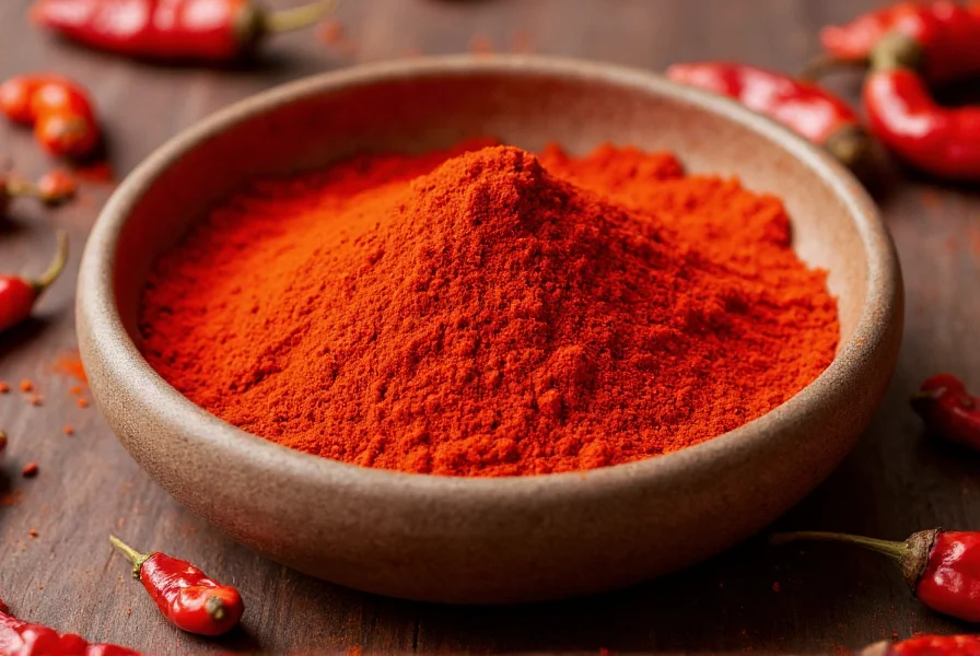 Close-up of vibrant red Korean gochugaru powder in a traditional ceramic bowl with whole dried Korean red peppers