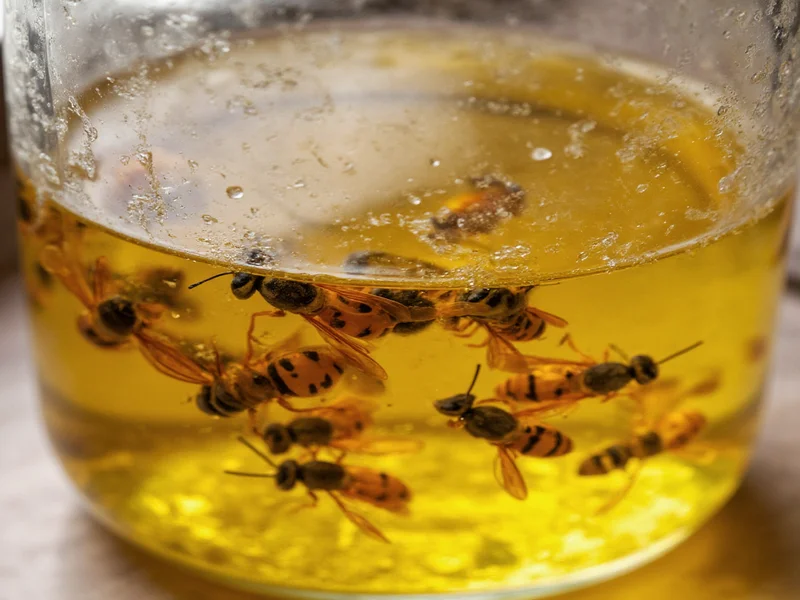 Close-up of vinegar wasp trap with paper wasps inside jar