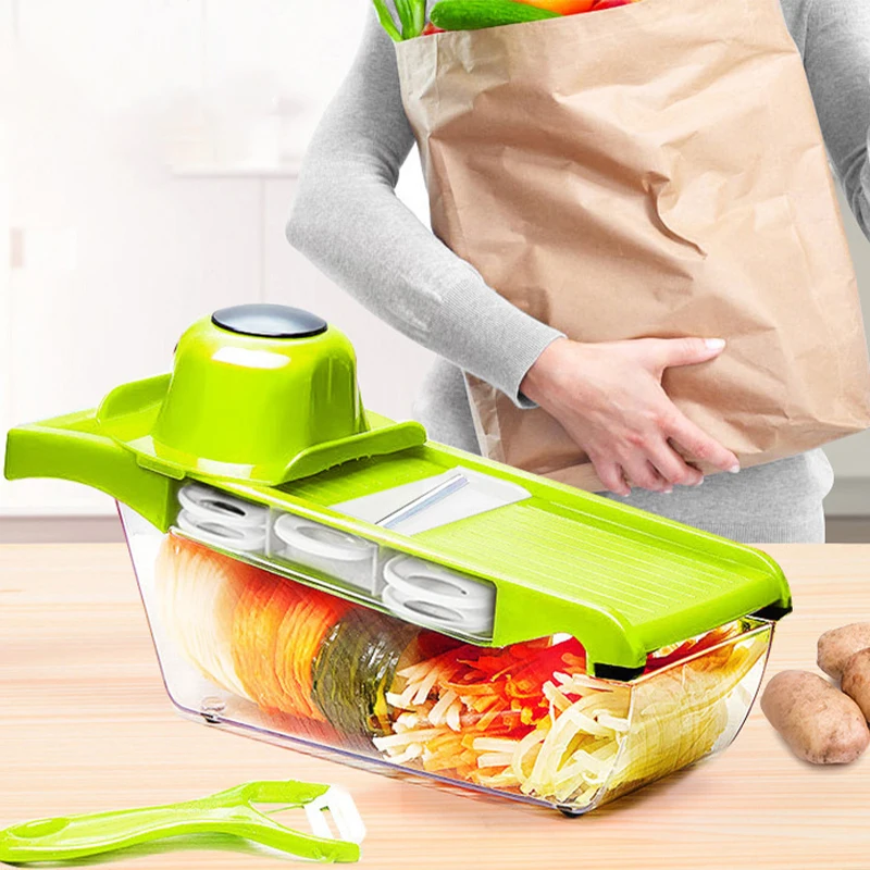 

Drop Shipping 6 in 1 Kitchen Supplier Multi-slicer Manual Cutting Tool Set Mandoline Veggie Chopper Slicer Vegetable Cutter, Red and green