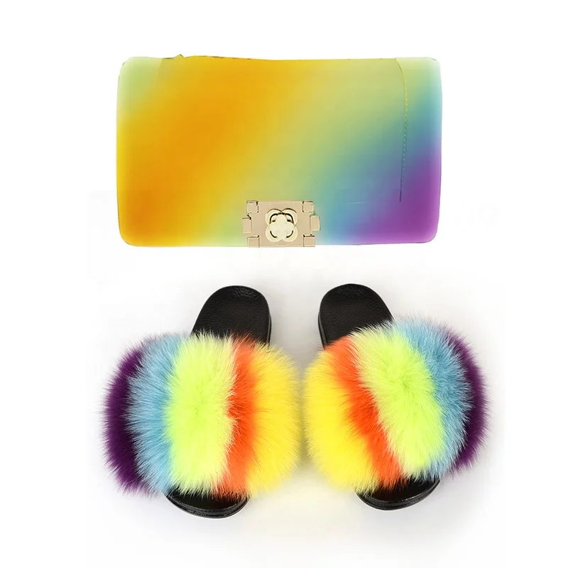 

Furry Colorful Fluffy Fox Slippers Jelly Purse And Fur Slides Sets