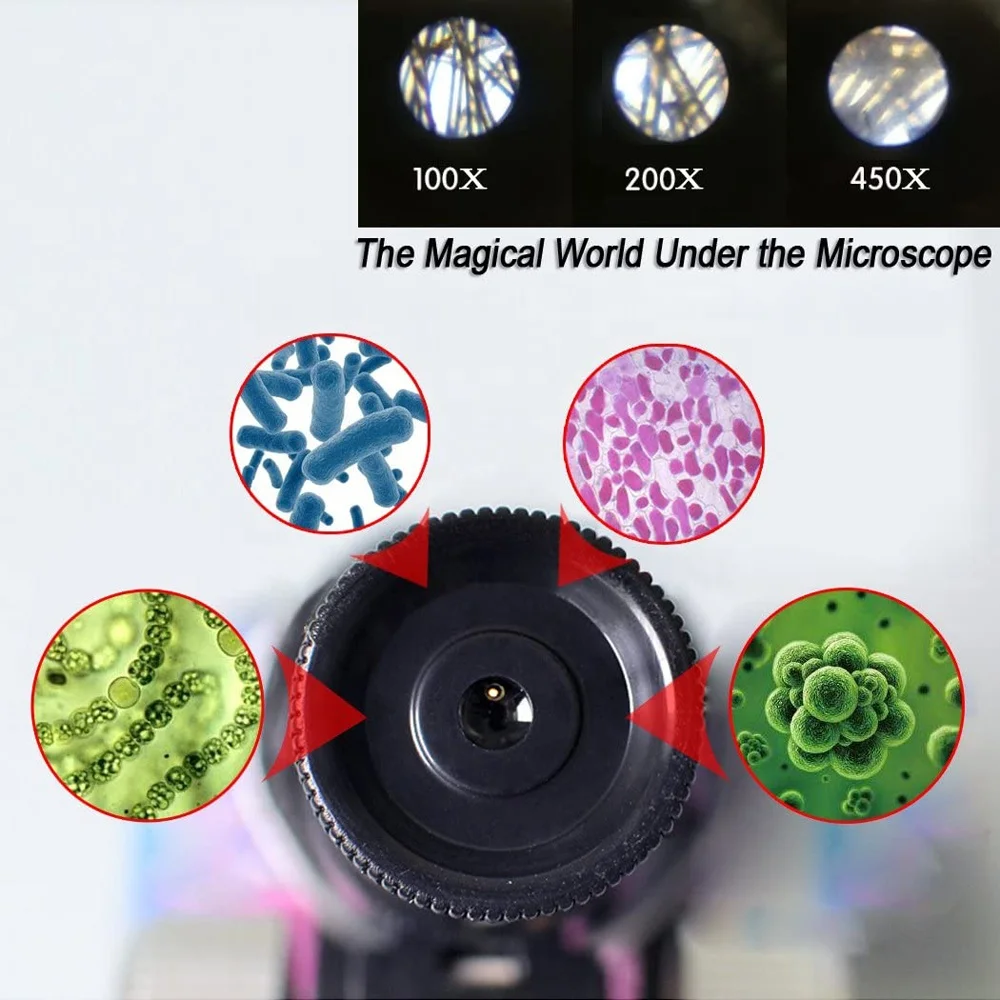 
Kids beginner early educational science microscope stem kit with LED lights 450X 200X 100X magnification 