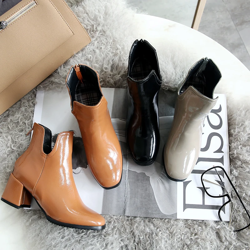 

2020 Patent Leather Fashion Women Shoes Platform Square High Heel Winter Shoes Zipper Solid Women Ankle Boots, Yellow/black/grey