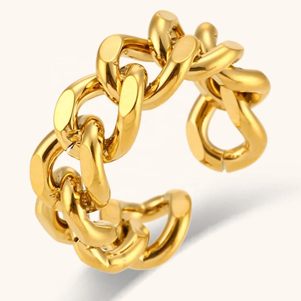 

Chunky Cuban Chain Woven Open Ring 18k Gold Plated Stainless Steel Waterproof Jewelry For Women And Men