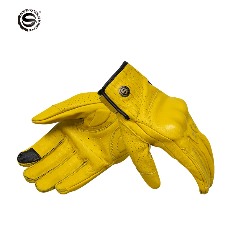 

SFK Black Yellow Vintage Goat Skin PVC Soft Leather Cool Motorcycle Racing Cycling Wear-resistent Non-slip Remake Redone Gloves, 2 color