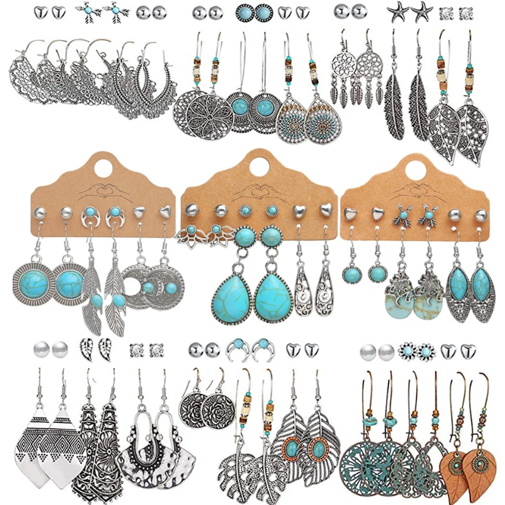 

Vintage 48 Pairs Drop Dangle Earrings Set for Women Bohemian Eardrop Bronze Hollow Waterdrop Turquoise Jewelry Earrings, Picture shows