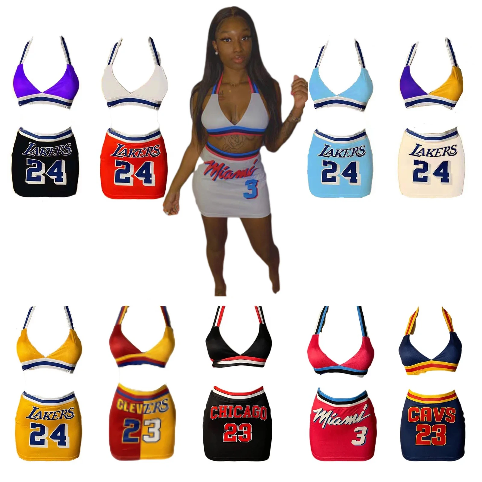 

2021 Hot Sale Classical Woman 2 Piece Sets Basketball Jersey Short crop top set Woman embroidery Skirt jersey dress, As picture or customized make
