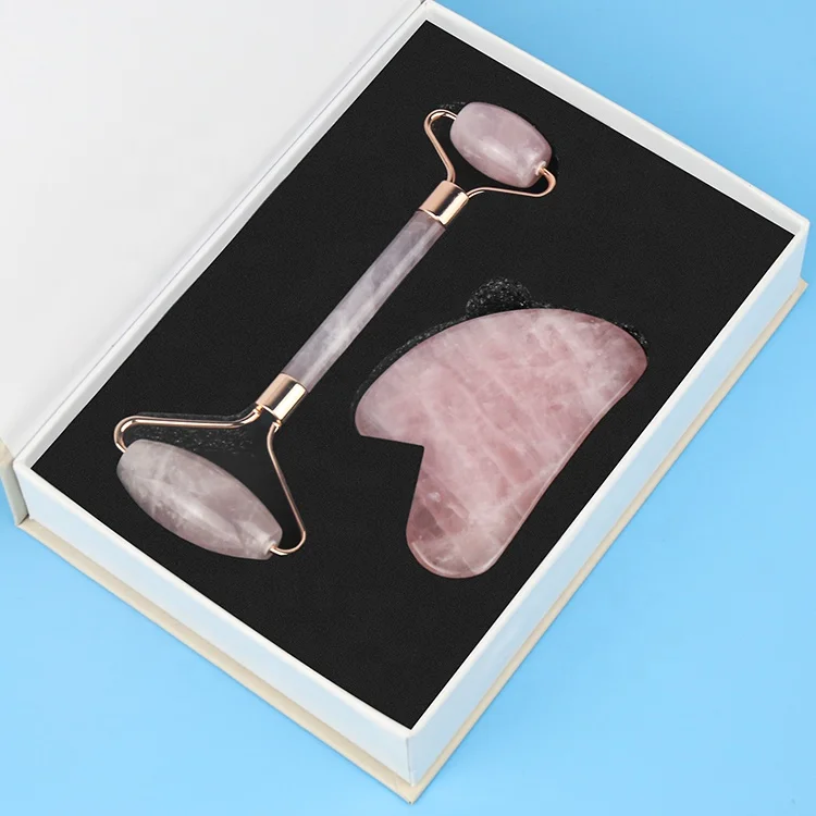 

Custom Logo Crystal Stone Pink Rose Quartz Face Jade Roller Facial Massager Face Massage Roller Jade Roller Gua Sha Set