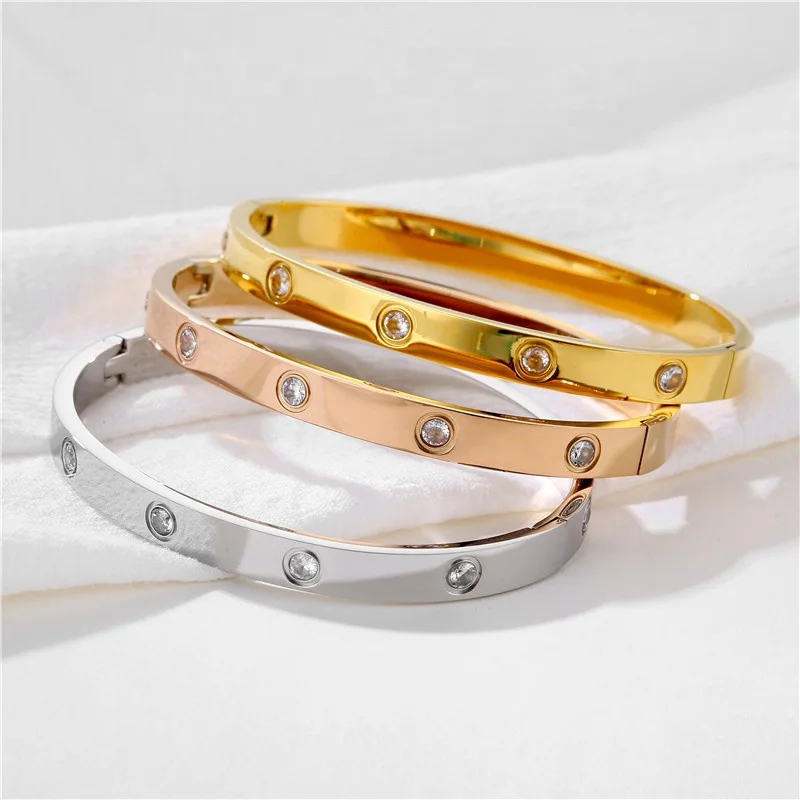 Wholesale Custom Not allergic 6mm Stainless Steel 18K Gold Rose Gold Plated Couple Bracelet Bangles for Women