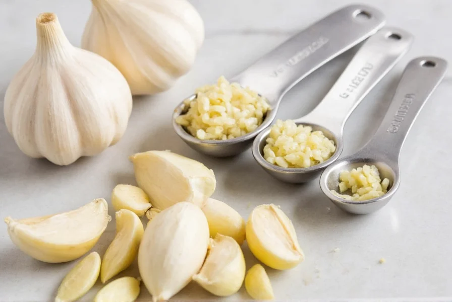 Close-up of garlic cloves next to measuring spoons showing conversion from whole cloves to minced garlic