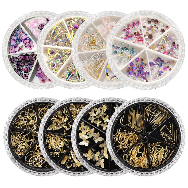 

Misscheering Nail Art jewelry AB Rhinestone Rivet Butterfly 6 Grid Mixed wheal Jewelry Sequin Nail Decoration wheal pack, As photo show