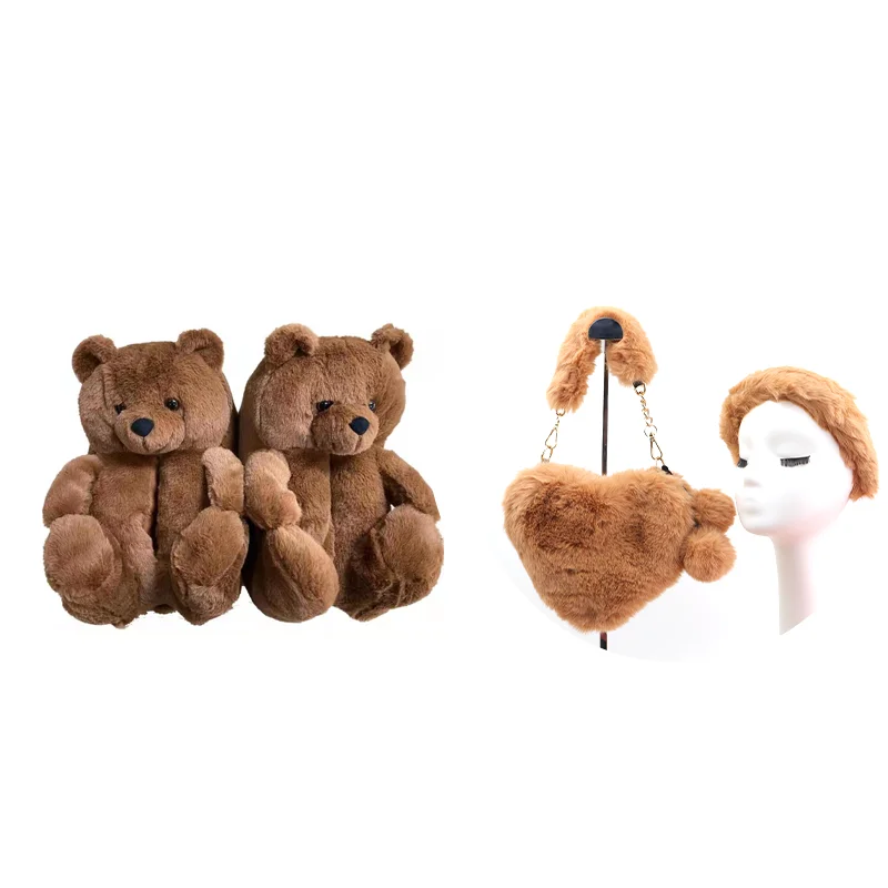 

Winter gift wholesale home indoor sets animal shaped plush bear slipper with matching fur heart purses handbags and hairbands, Custom color or red,pink,purple,blue,khaki,brown,colorful, rainbow