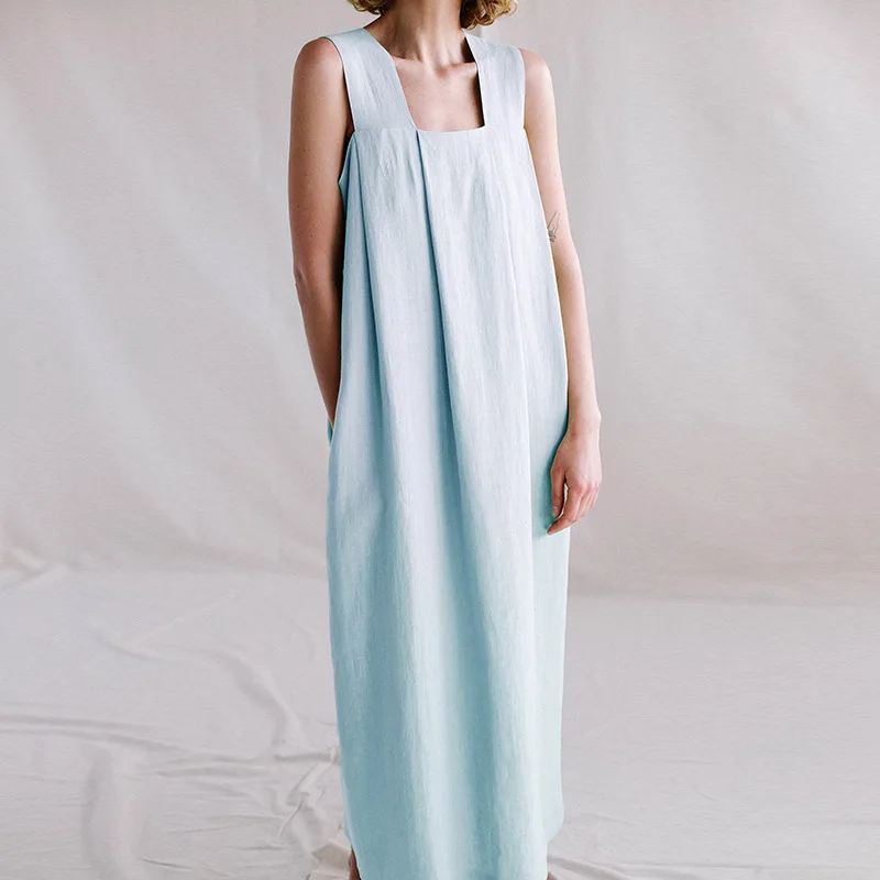 

Tongrui 2021 new summer boho Simple halter 100% Linen women Dress with pockets, Sky blue,white,green