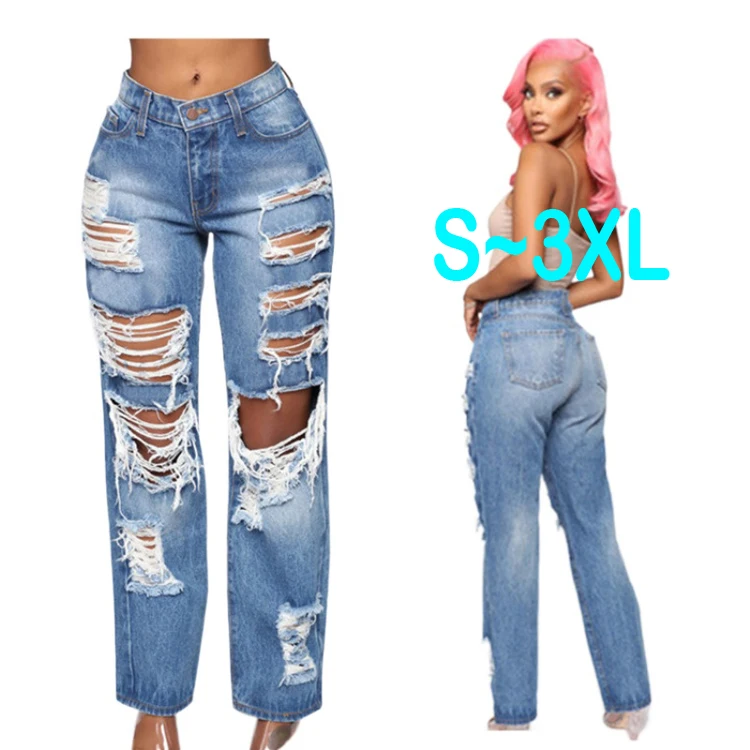 

High Waist Ladies Loose Fit Casual Danim Pants Wide Leg Ripped Denim Jeans Trousers For Womens