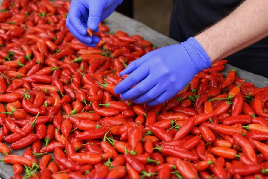 Person carefully handling fresh chili peppers with gloves to avoid skin irritation