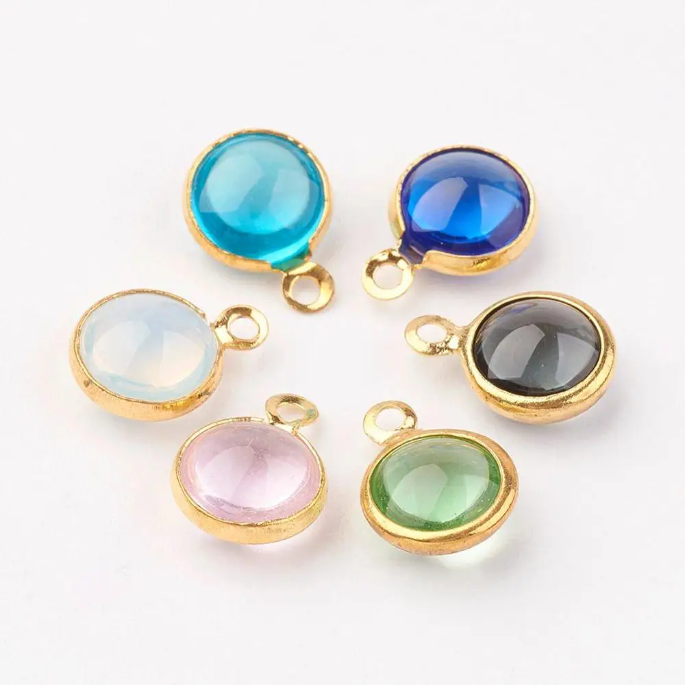 

Pandahall Flat Round Golden Mixed Color Brass Findings Glass Charms
