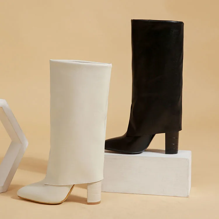 

New Stlylish Shoes Solid Pointed Toe Slip On Winter High Heel Chunky Boots Women, Black,apricot