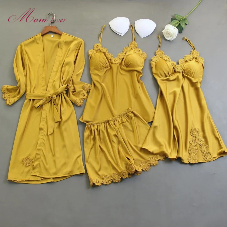 

Hot new retail products four pieces sets women summer homewear bridal robe silk bathrobe, Light pink, wine, golden yellow, green