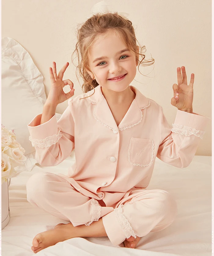 

Children Girl Lolita Turndown Collar Pajama Sets Cotton Tops+Pants Toddler Kids Lace Pyjamas set Girl Sleepwear Loungewear, Picture shows