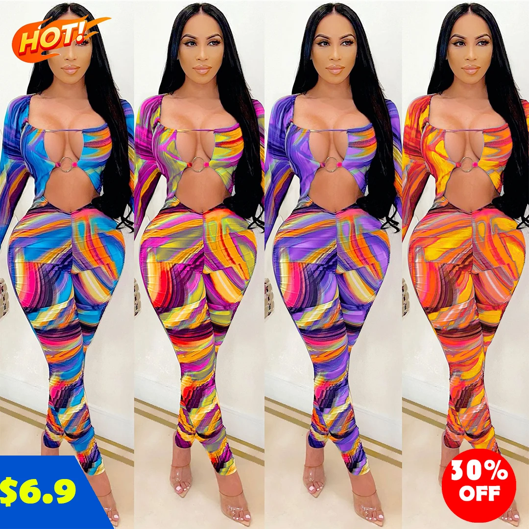 

fall 2021 women clothes Sexy tight deep V milk silk screen print long sleeve stacked pants jumpsuit women's dress, As picture