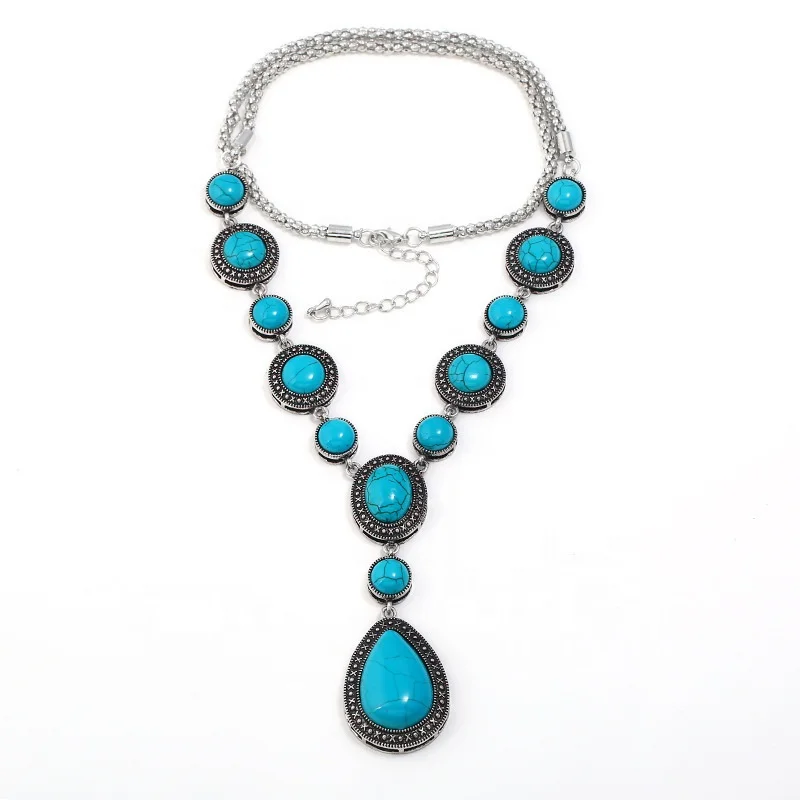 

Wholesale bohemia womens water drop turquoise stone long necklace jewellery