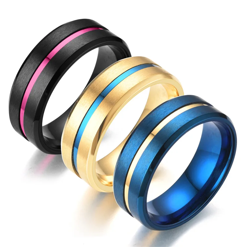 

double bevel stainless steel matte blue line gold groove ring