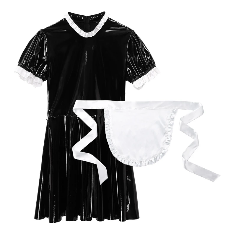 

iEFiEL Mens Sissy Maid Cosplay Costume Set Wet Look Leather Servant Uniform Fancy Dress Costume