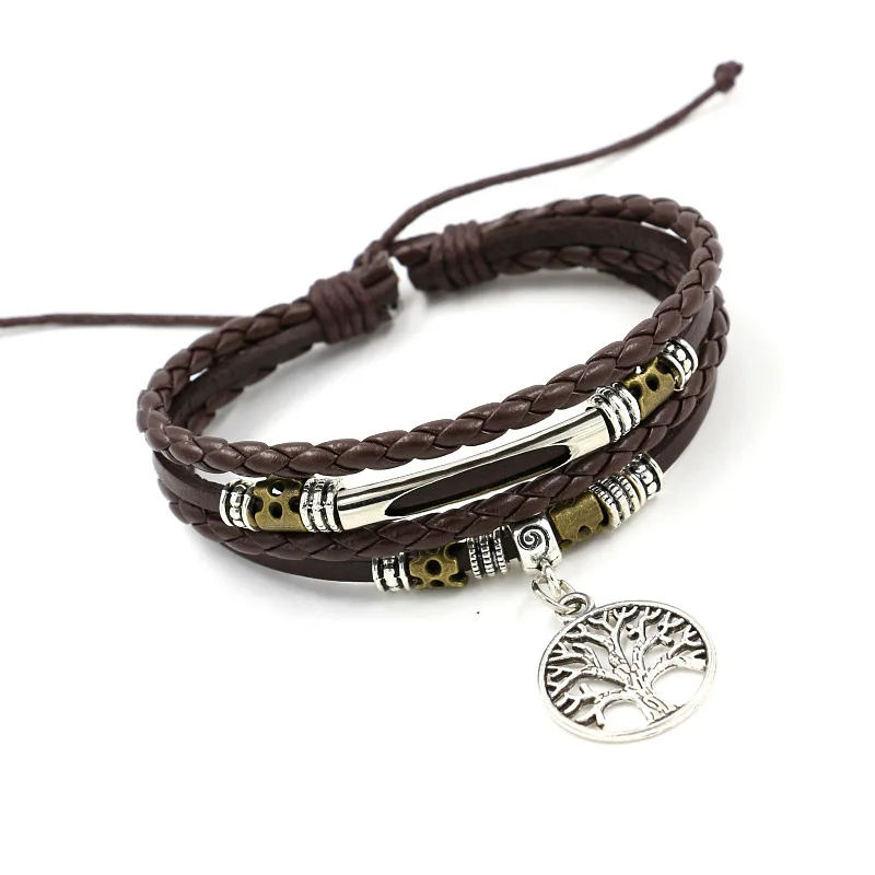 

Tree of Life Silver Charm Leather Bracelets Braided Wrap Wristbands Adjustable Handmade Jewelry for Men And Women, Brown,black