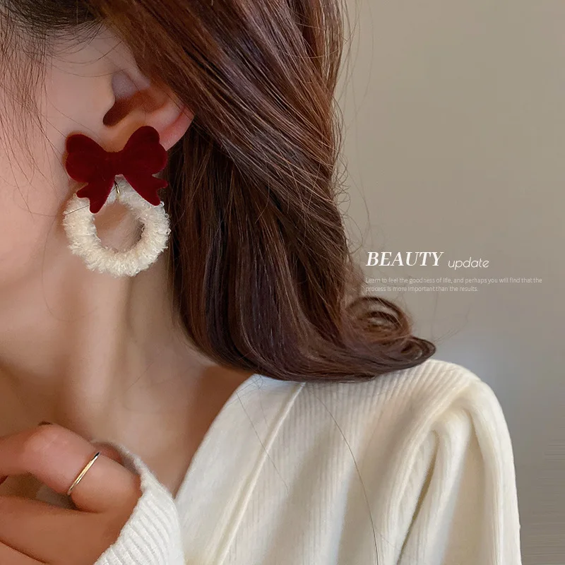 

925 Silver Needle Red Christmas Bow Knot Stud Earrings Heart White Hat Flower Drop Earrings for New Year Party Holiday