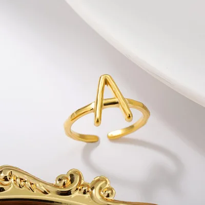 

2021 Personalized Jewelry Adjustable Stainless Steel Initial Threaded Letter Open Ring for Women, Gold color