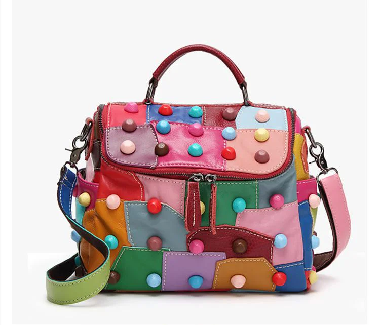 

special patches colorful all seasons New Arrival Fashion Geniue Leather Handbag