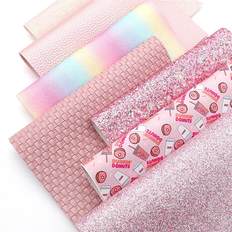 

For Bags Bows Rainbow Pastel Colors Pink Mixed Glitter Lychee Pebble Grain Printed Faux Leather Sheets Bundle