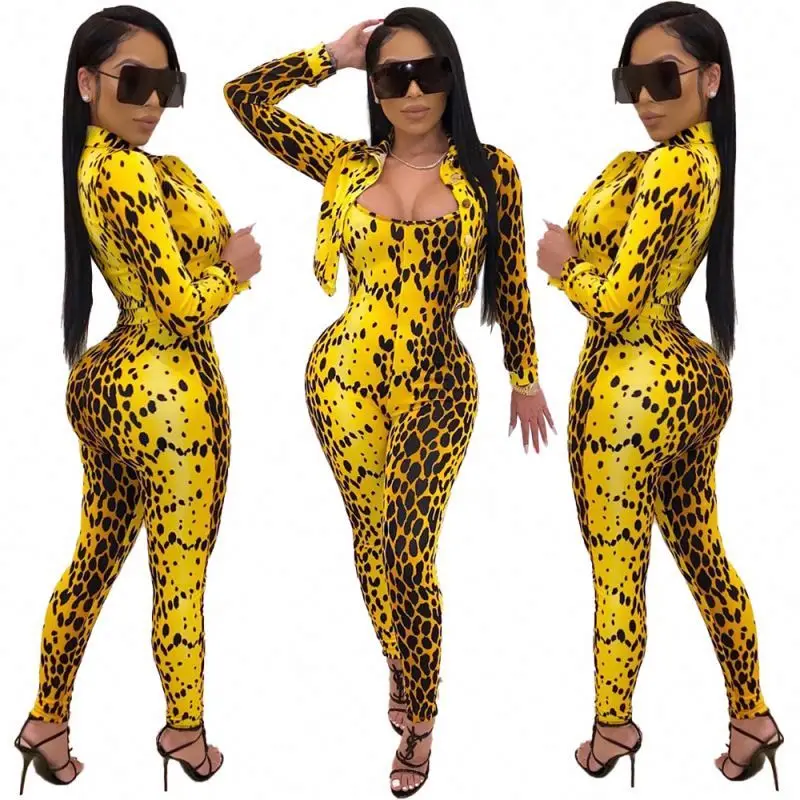 

CY167 Fashionable leopard print bodysuit long-sleeved suspenders halter bodycon casual two-piece jumpsuit