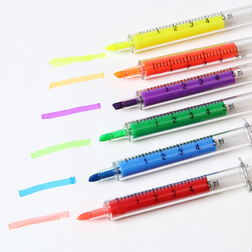 FayOK 6Pcs/Set Cute Stationery Needle Tube Syringe Highlighter Marker Nite Writer Pen Fashionable School Office Supplies