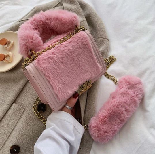 

Winter new shoulder crossbody faux fur ladies bags leather handbag pink fur purses and handbags