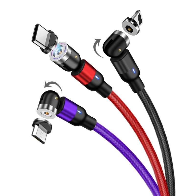 

High Quality New 2.4A 540 Degree Rotation Magnetic USB Data Cable for iphone android, Red, black ,purple