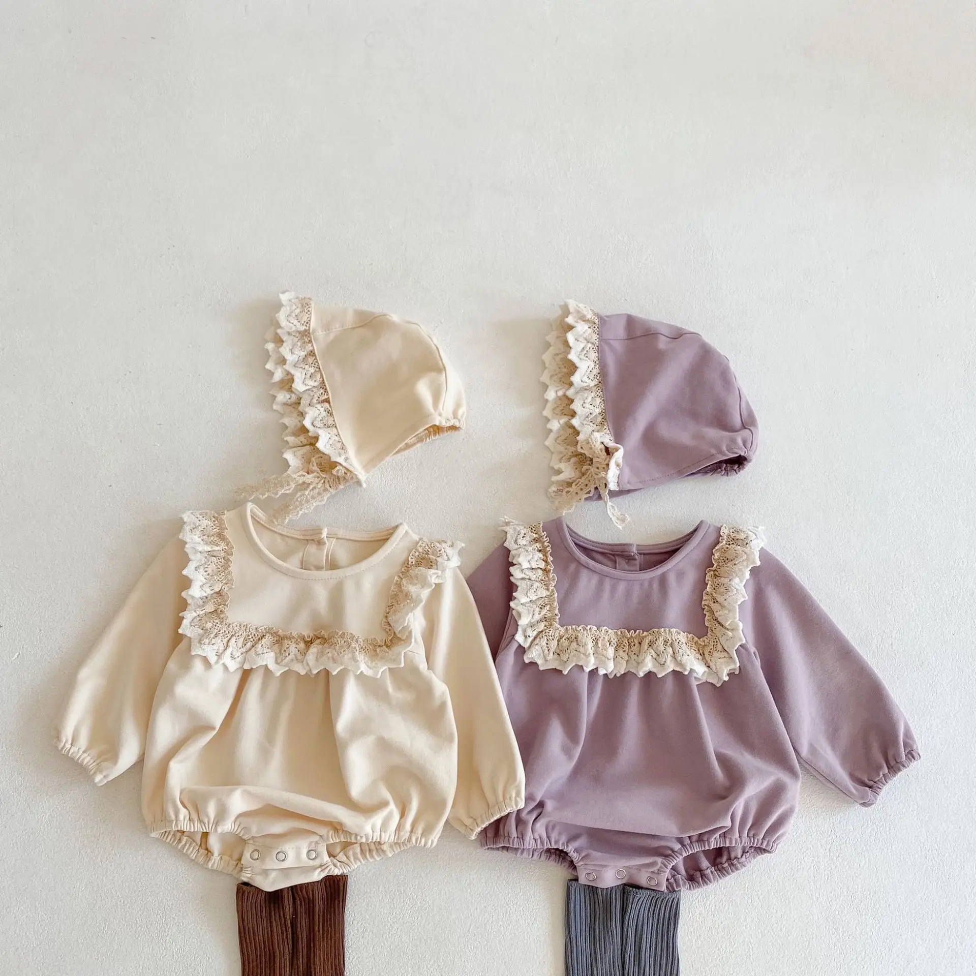 

2021 baby girls rompers 100% cotton newborn 100-day clothes lace ruffled long-sleeved one-piece romper triangle climbing clothes
