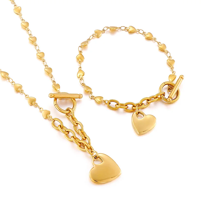 

Kalen Wholesale Heart Chain Pendants OT Button 18K Gold Bracelets Necklaces Set Women Stainless Steel Jewelry Heart Sets