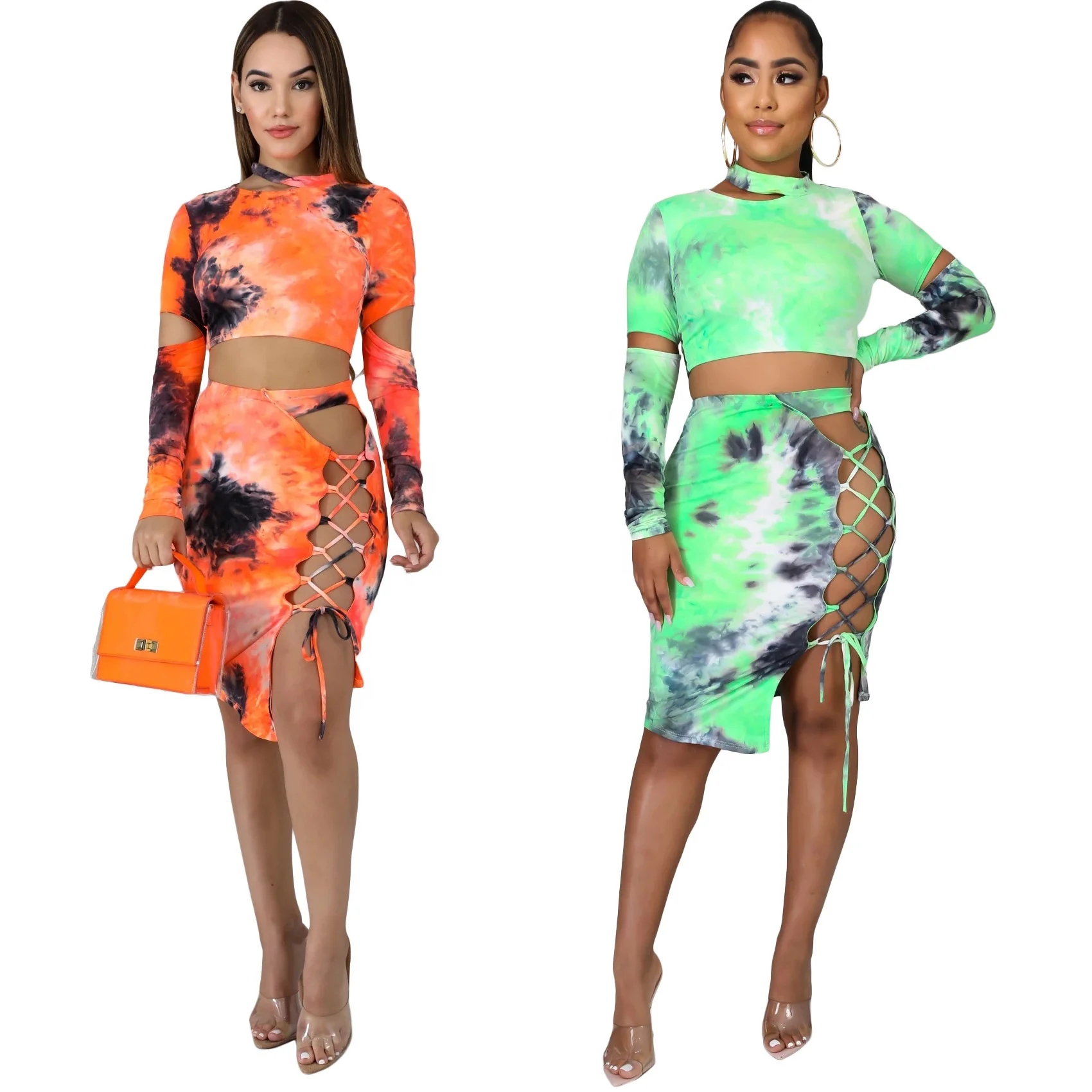 

AI17-105 tie dye casual dress sets women Polyester different size for choice & two piece & hollow printed