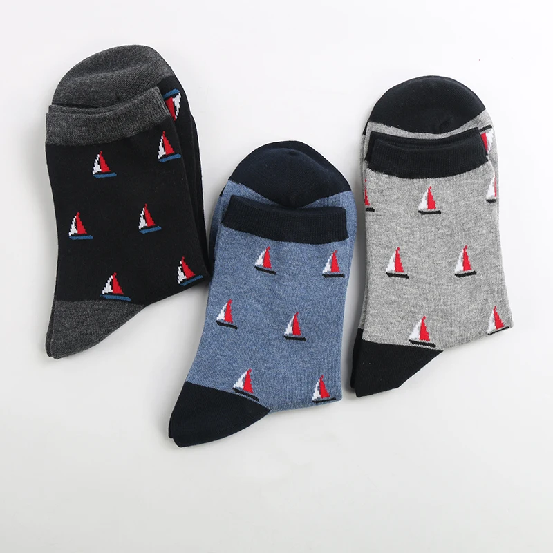 

High quality fashion sailboat wholesale happy cotton mens crew socks, Blue, black, gray