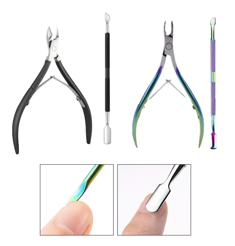 

Professional Nail Supplies Stainless Steel Dual-ended 2pcs Dead Skin Remover Set Nail Cutter Scissors Cuticle Nipper Nail pusher, Multi color/customized color