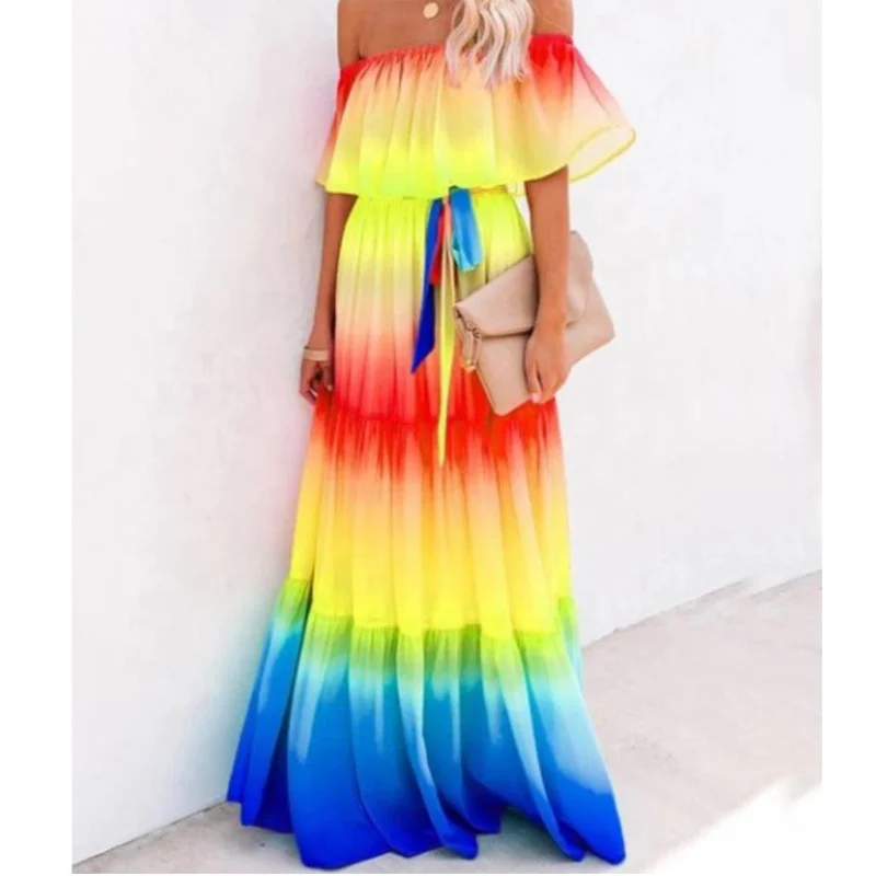 

Fashionable Sexy Tie Dye Lady Elegant Summer Clothes Rainbow Color Print Women Casual Long Maxi Dress