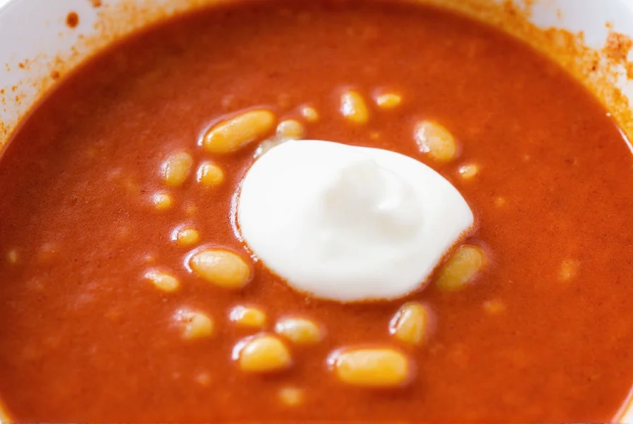 Close-up of sour cream being swirled into a bowl of red chili