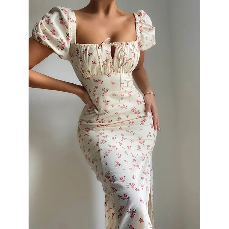 

Summer Fashion Vintage Floral Printed Bodycon Split Maxi Party Dress Elegant Casual Dresses