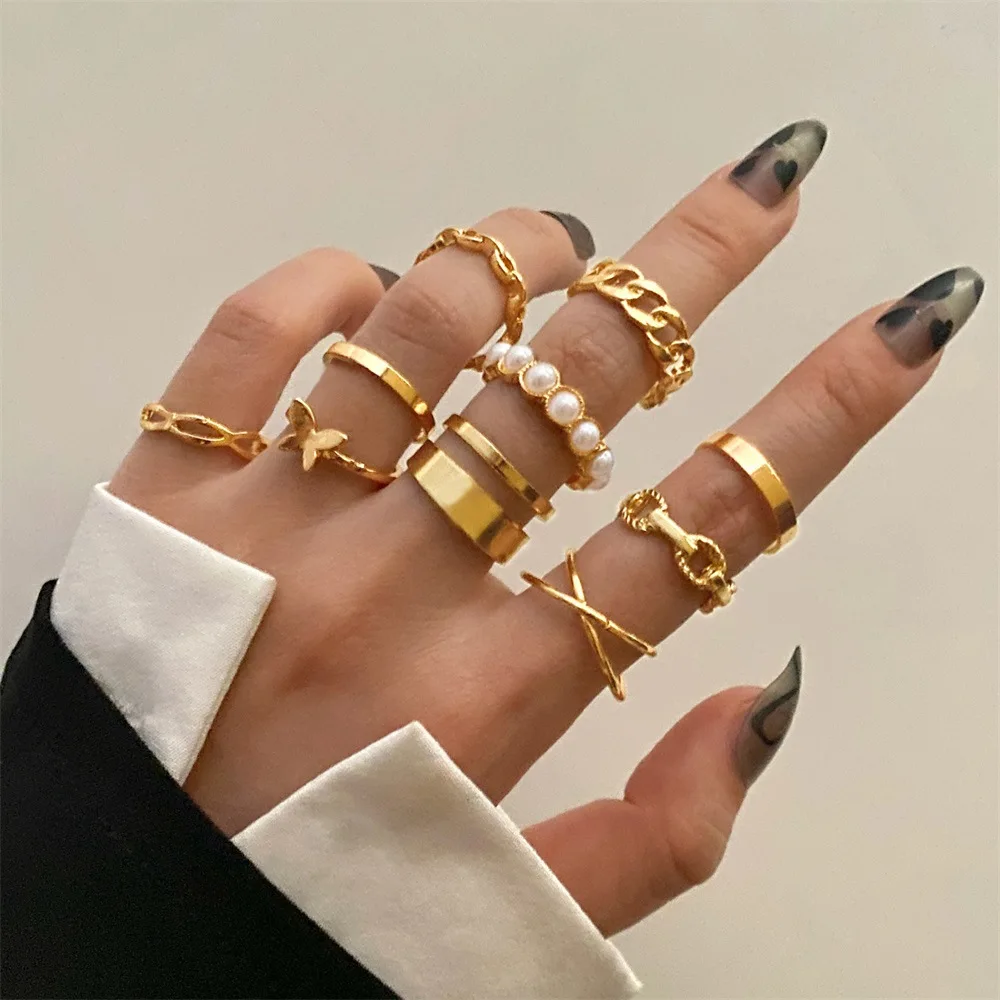 

2022 sexy gold butterfly pearl cross adjustable chunky ring set of rings jewelry women, Picture shows