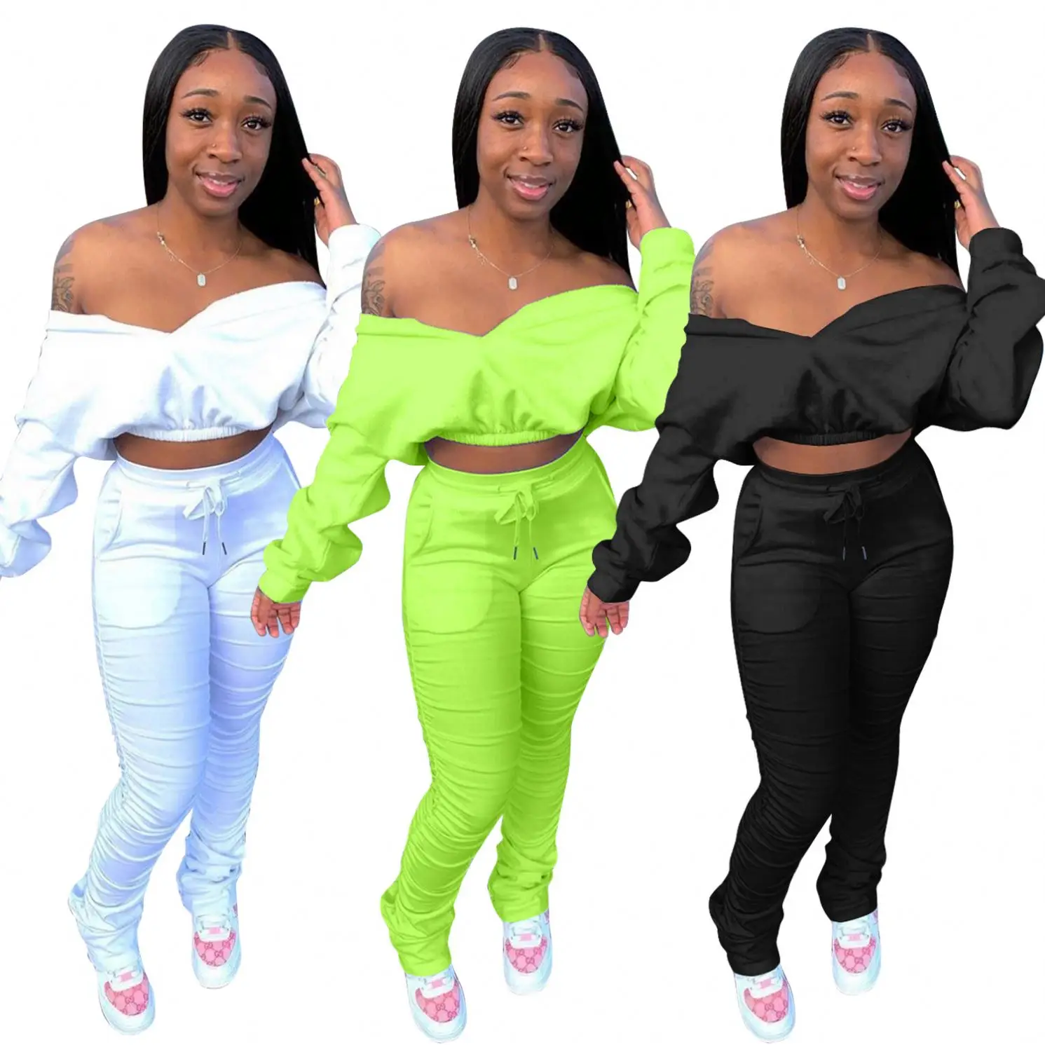 

2021summer 2 piece women Off Shoulder Full Sleeve Crop Tops With Stacked pants Outfits legging Sets women fashion two piece set