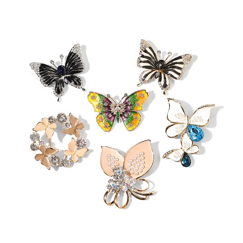 

QIANZUYIN Wholesale Best Selling Korean Brooches Women Alloy Insect Pearl Accessories Enamel Butterfly Brooch, As picture