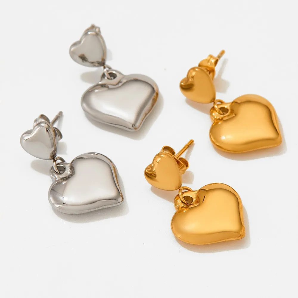 

European American Earrings Double Heart Stud Earrings Stainless Steel Heart Pendant Earrings