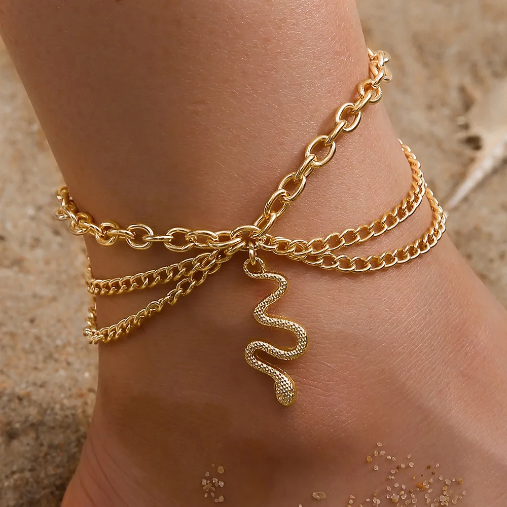 

New Body Chain Jewelry Snake Pendant Anklets Multi-Layer Tassel Gold Chain Anklet Summer Female Sandy Beaches Fashion Anklet